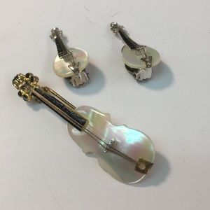 Vintage abalone shell violin brooch pin & earrings